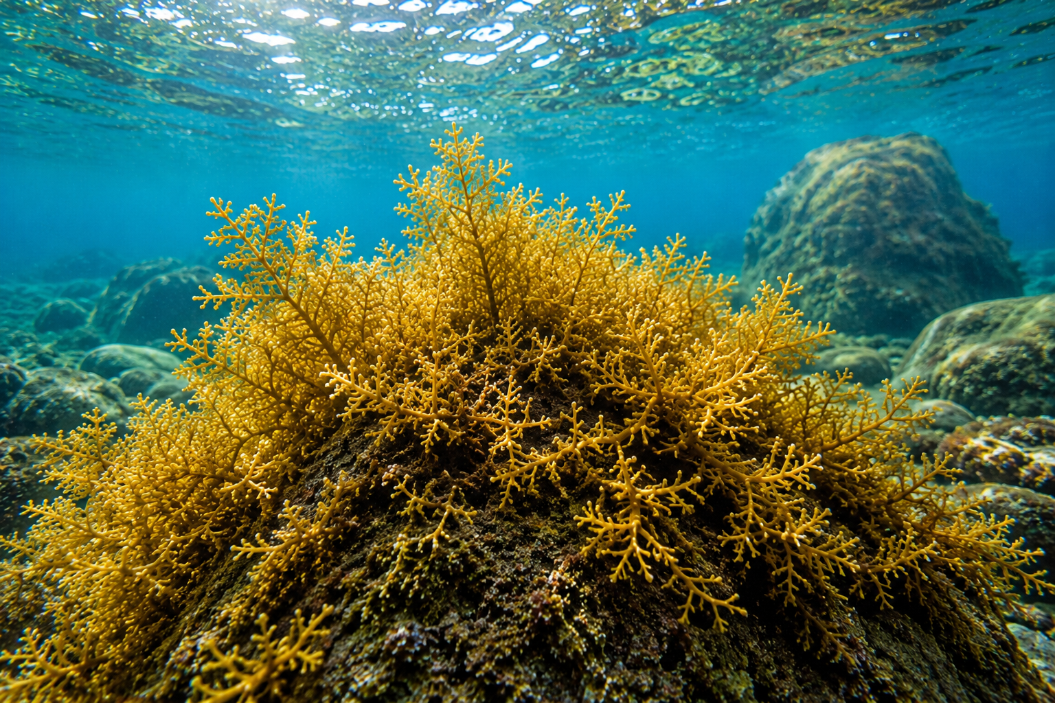 Golden sea moss growing underwater in Caribbean waters